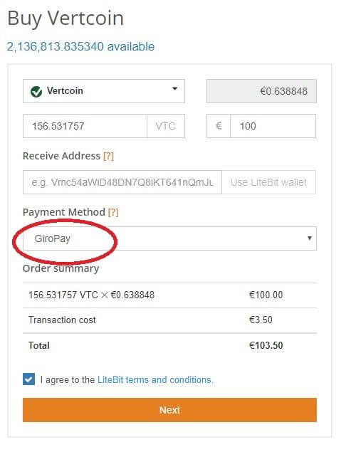Kauf von Vertcoin bei LiteBit