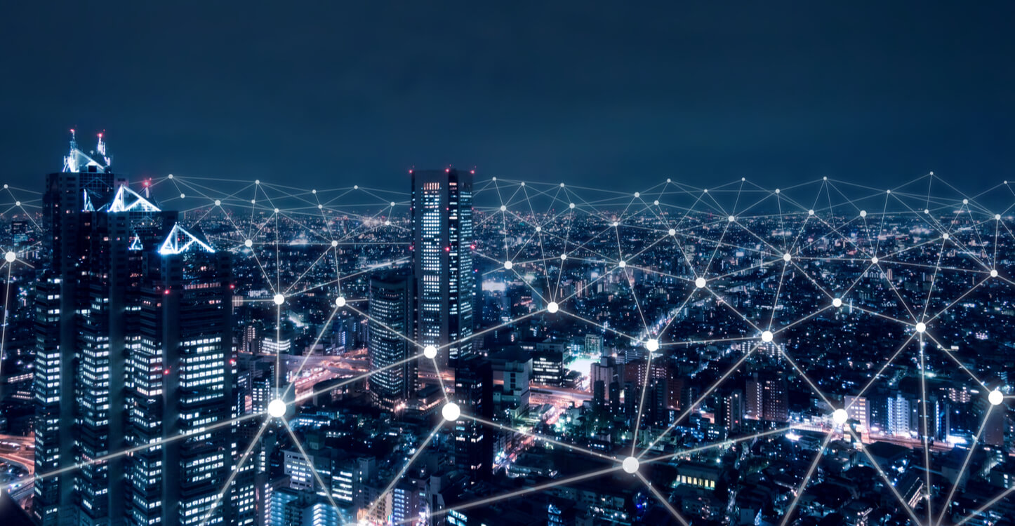 Bild eines Blockchain-Netzwerks über einer Stadt